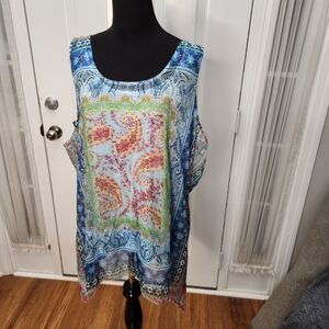 LIVE AND LET‎ LIVE  Boho Gypsy Top Blues and Greens and Lace  Size 1X